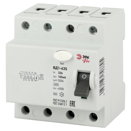 УЗО ЭРА PRO NO-902-154 ВД1-63S 4P 32А 100мА тип АC электромеханическое