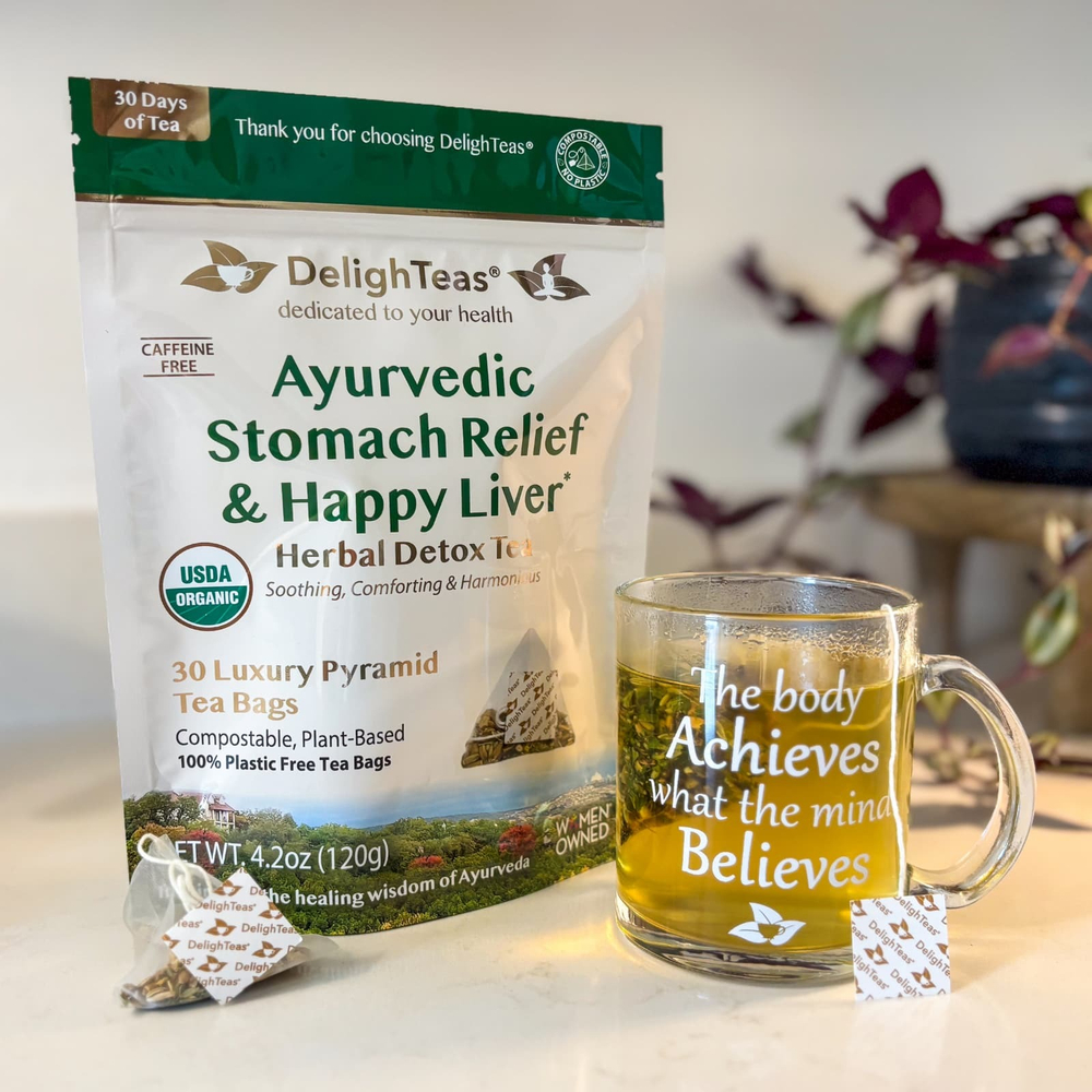DelighTeas, Ayurvedic Stomach Relief & Happy Liver, травяной чай для выведения токсинов, без кофеина, 30 роскошных чайных пакетиков Pyramid, 120 г (4,2 унции)