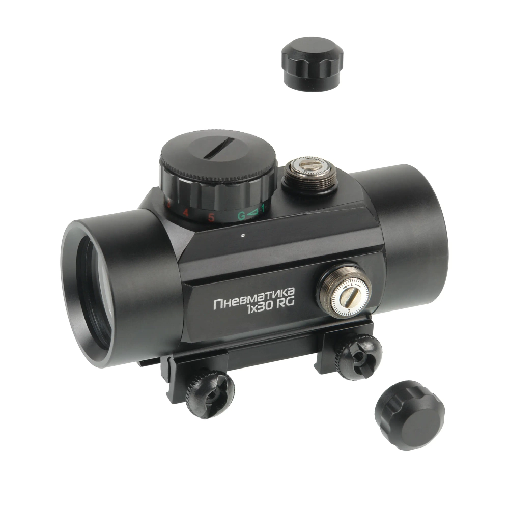 Прицел коллиматорный Veber Пневматика 1x30 RG, вид сбоку с крышкой и винтами