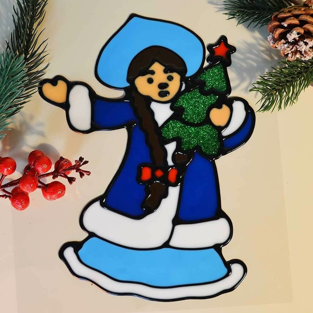 Наклейка на стекло "Снегурочка с елкой" 20*25см