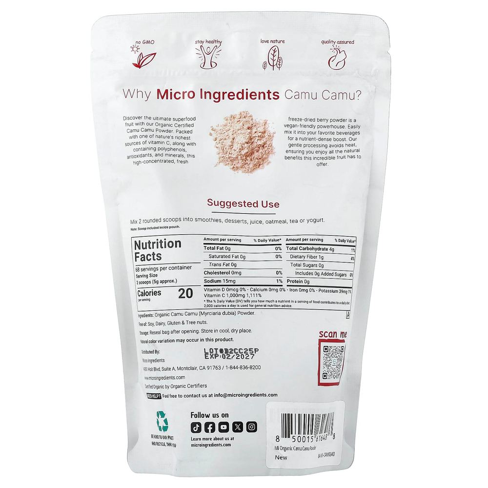 Micro Ingredients, органический порошок из каму-каму, сублимированный, 340 г (12 унций)
