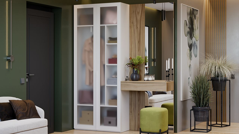 Прихожая с зеркалом комплект мебели Яблоня Беллуно/Белый жемчуг/Стекло сатин белое 170х37х217 см