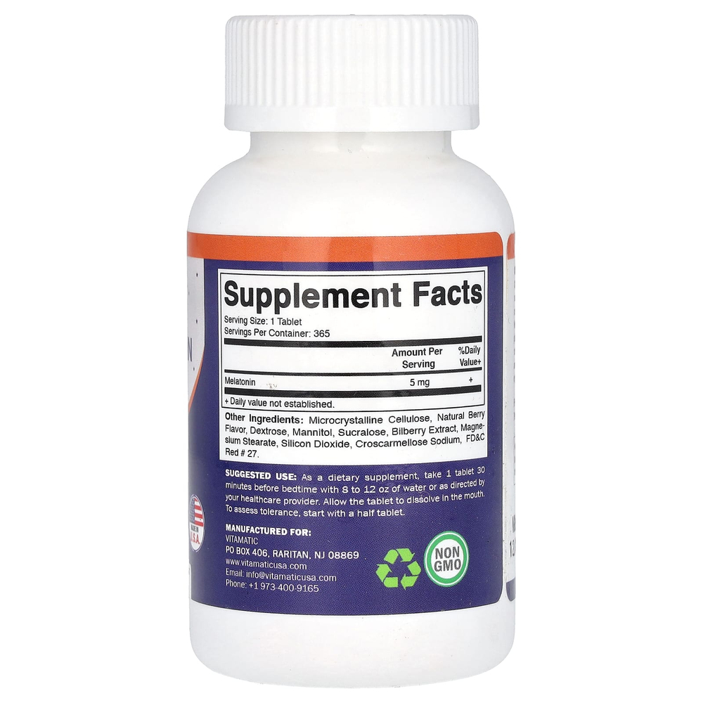 Vitamatic, быстрорастворимый мелатонин, натуральные ягоды, 5 мг, 365 быстрорастворимых таблеток