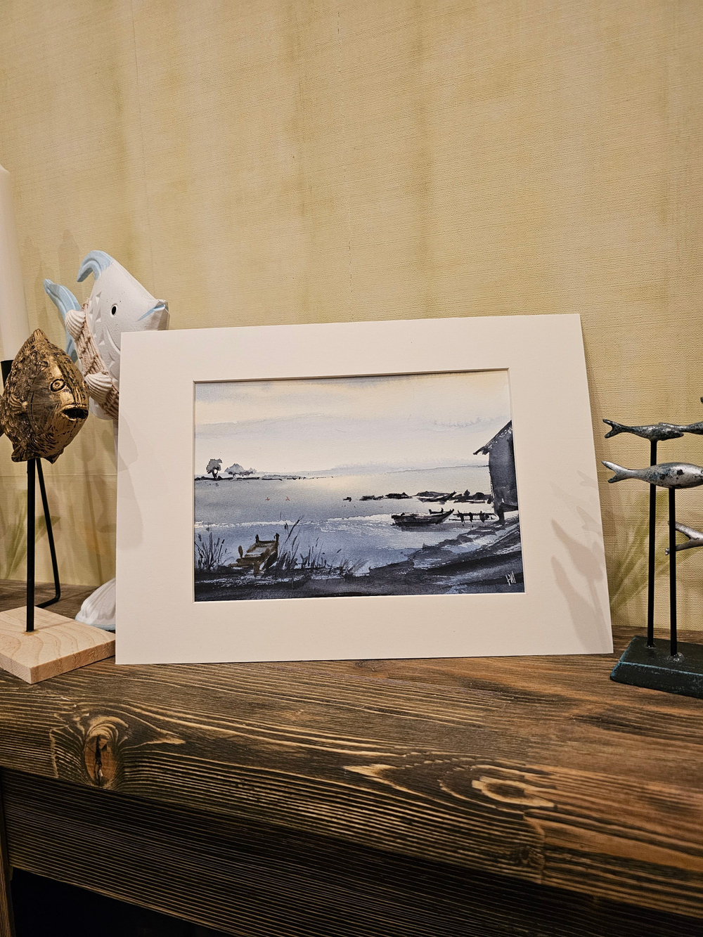 Картина, графика в паспарту 21х30 см на стену для интерьера "Причал"