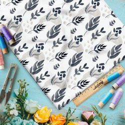 Ткань саржа чёрные акварельные листья на белом фоне