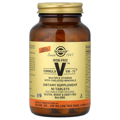 Solgar, Formula V, VM-75, несколько витаминов с минералами в хелатной форме, без железа, 90 таблеток