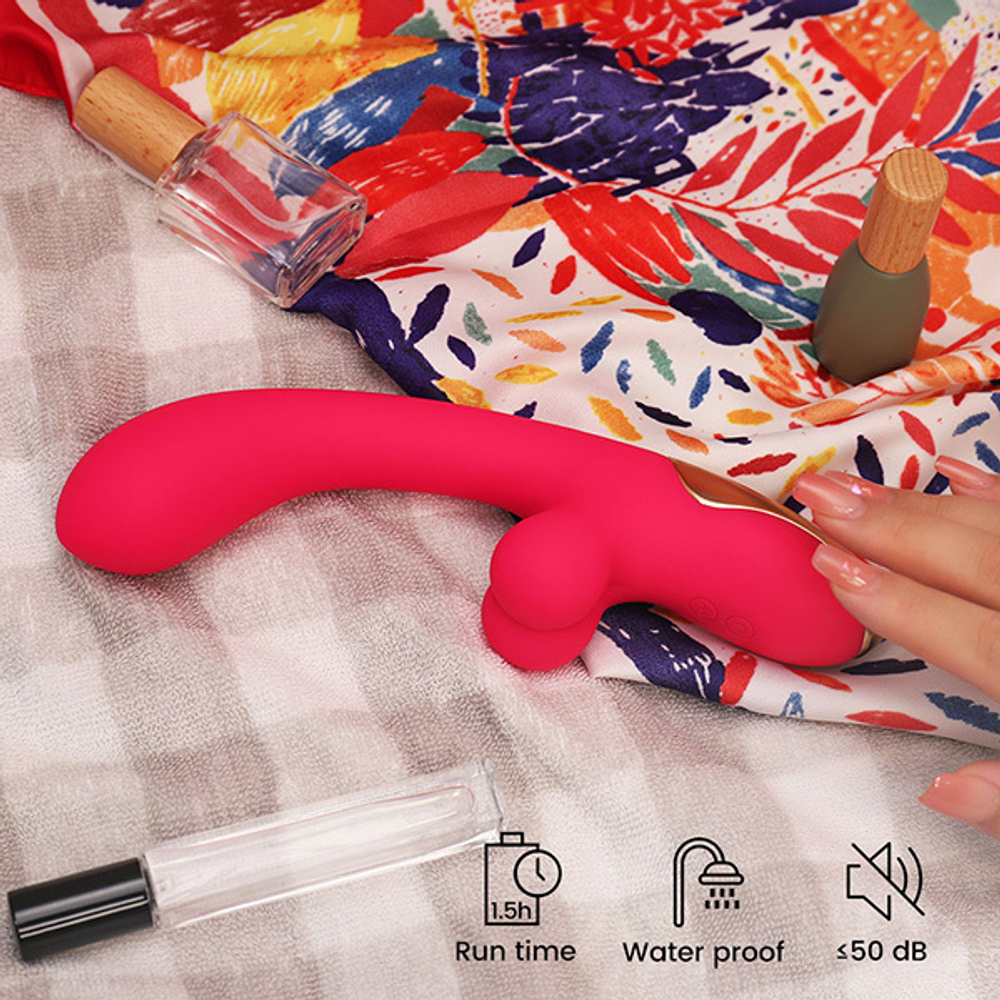 Розовый изогнутый вибромассажер 21,2см с имитацией мошонки I-Moon Whale P MY-235