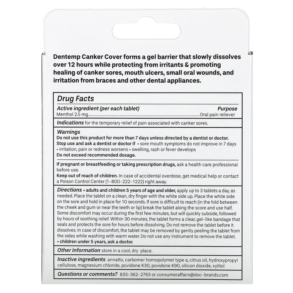 Dentemp, Canker Cover, лекарственное обезболивающее для полости рта, 6 таблеток с мятой