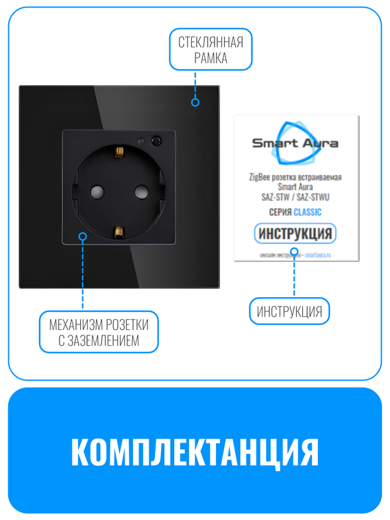 Умная ZigBee розетка с заземлением Smart Aura серия Classic с рамкой из стекла
