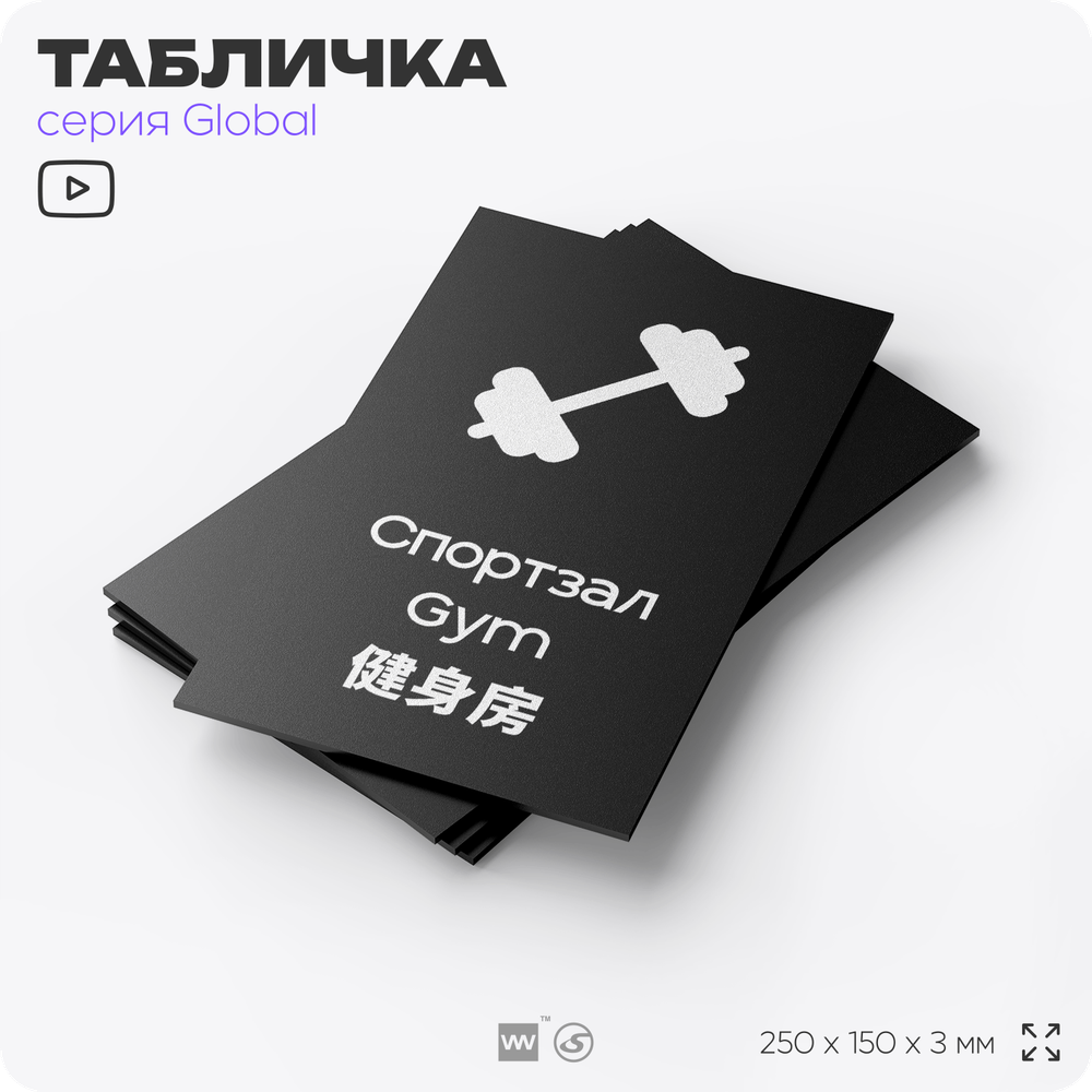 Табличка Спортзал, на дверь и стену, информационная и мультиязычная (русский, английский, китайский), серия GLOBAL, 25х15 см, Айдентика Технолоджи
