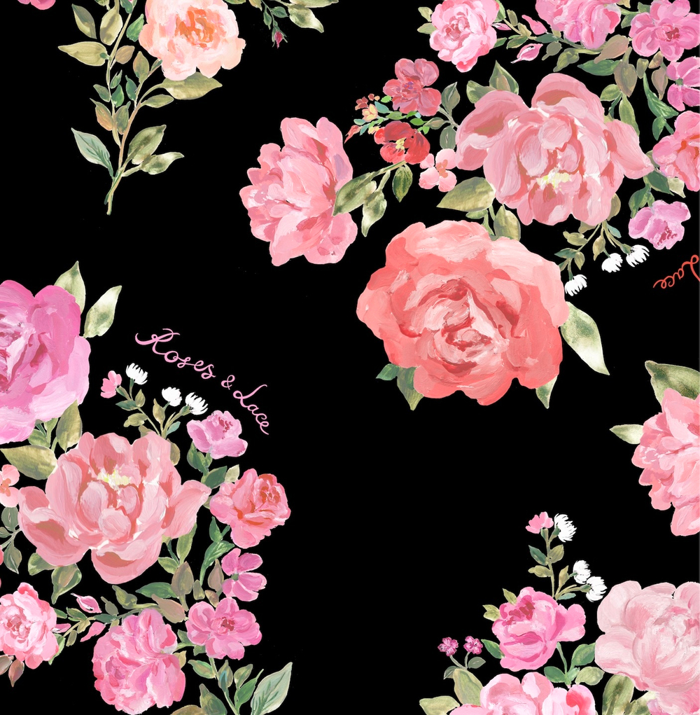 Flora, брошь - цветок черная из шифона с розовыми цветами