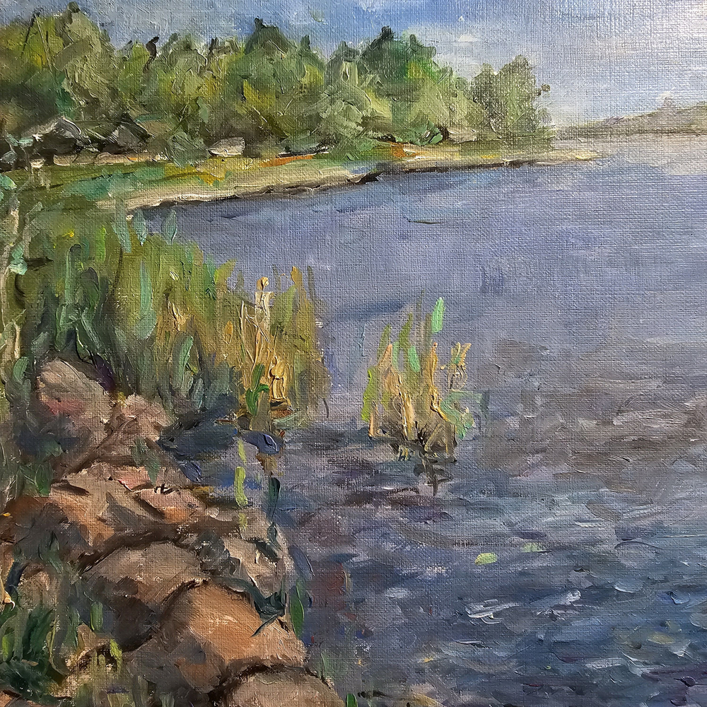 Картина авторская маслом на холсте в паспарту 30х40 см на стену для интерьера "На берегу Ладоги"