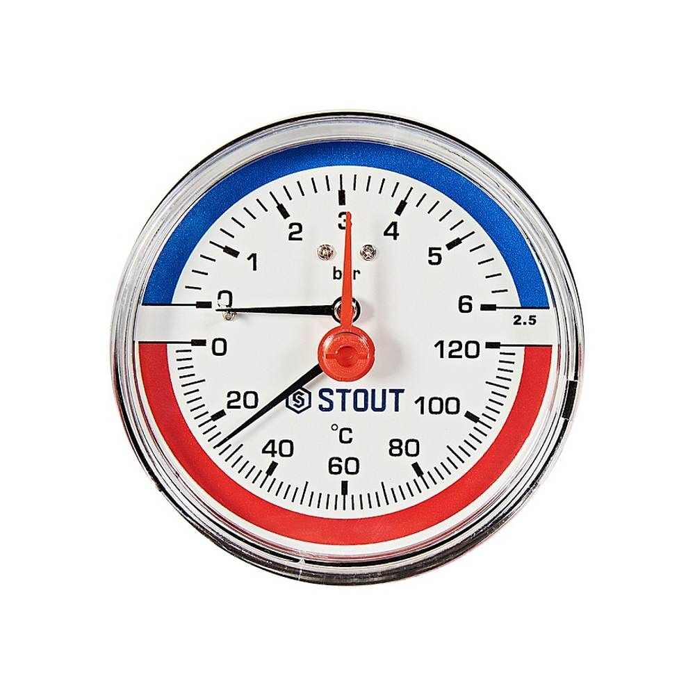 Термоманометр аксиальный STOUT - 1/2" (D80 мм, шкала 0-120°C/0-6 бар, с запорным клапаном)