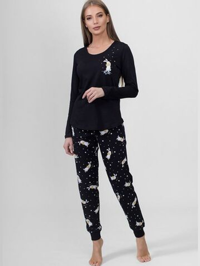 Женская трикотажная пижама с брюками (Размер: XL) (Цвет: черный)
