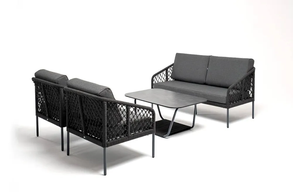 "Канны" диван 2-местный плетеный из роупа (узелки), каркас алюминий темно-серый (RAL7024) муар, роуп темно-серый круглый, ткань темно-серая 027