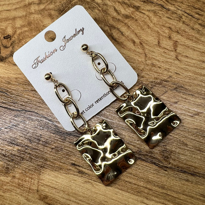 Серьги "Цепи" овальные 3 звена с подвеской прямоугольник металл золотистый розовый