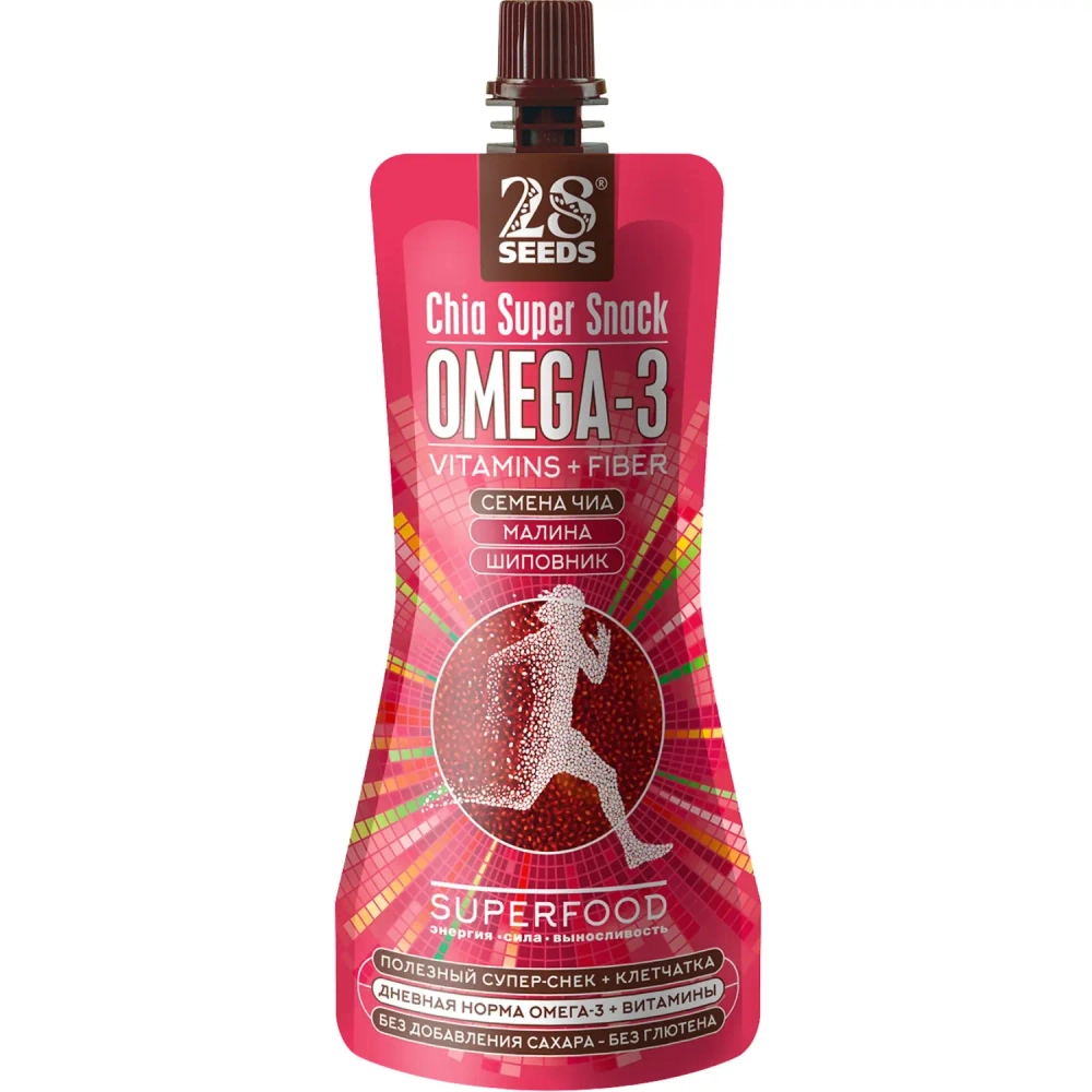 Супер-снек ЧИА ОМЕГА-3 «Малина + Шиповник» 150 г 28SEEDS — вид спереди упаковки