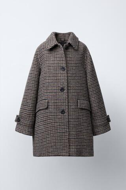 ZARA ДЛИННОЕ ПАЛЬТО В КЛЕТКУ ИЗ СМЕСОВОЙ ШЕРСТИ, КОРИЧНЕВЫЙ