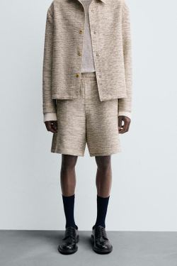 ZARA БЕРМУДЫ ИЗ ТКАНЕВОЙ СТРУКТУРЫ С КОНТРАСТОМ, ЭКРЮ / БЕЖЕВЫЙ