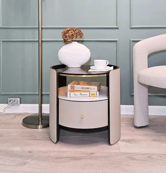 Тумба прикроватная 4362 с ящиком и полкой, керамика, экокожа