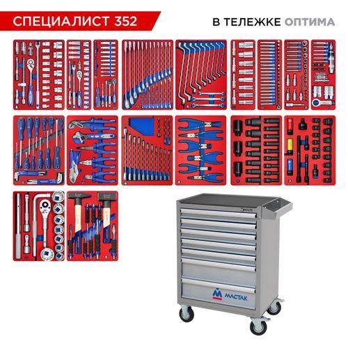 МАСТАК (52-07352G) Набор инструментов 352 предмета, "СПЕЦИАЛИСТ 352", в серой тележке