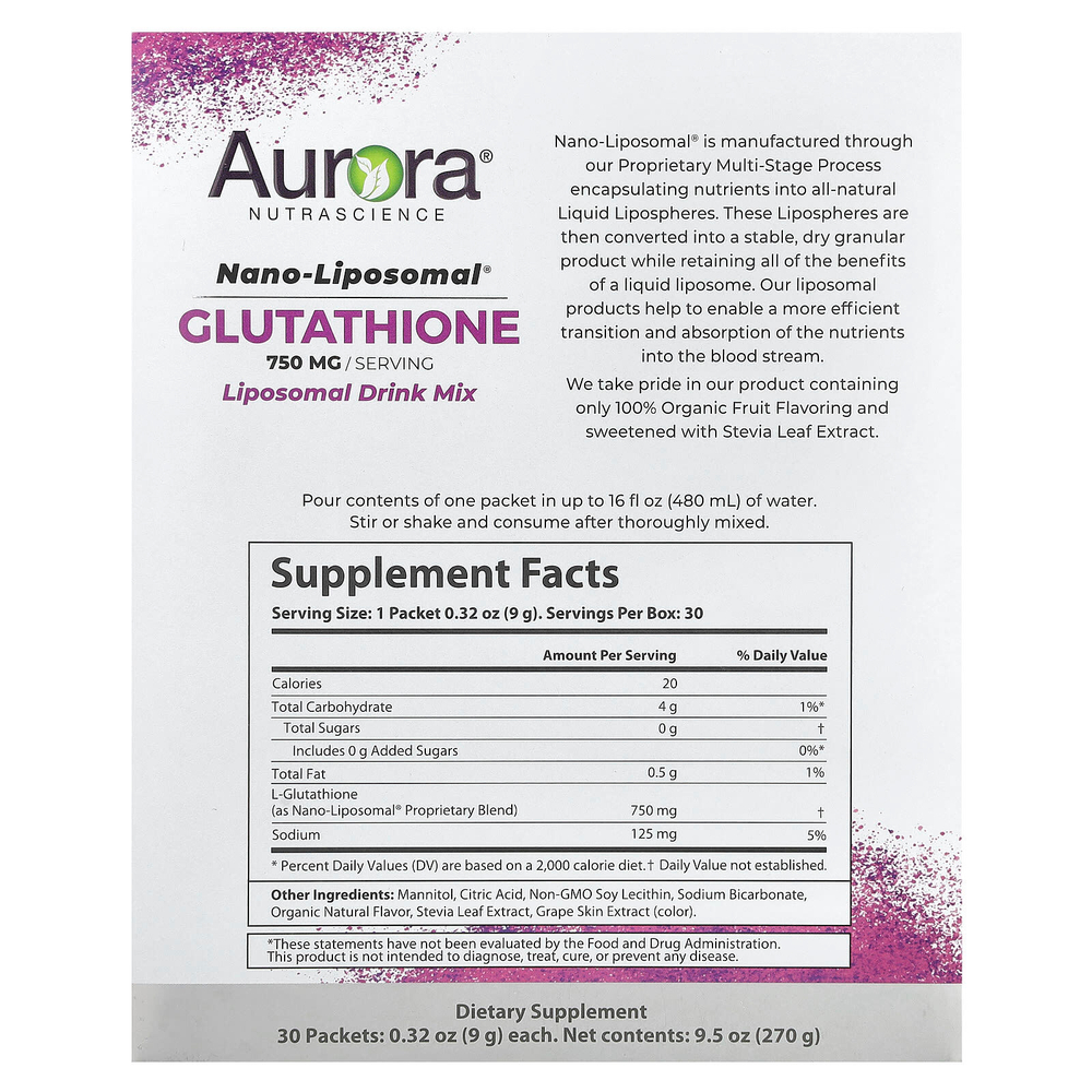 Aurora Nutrascience, Nano-Liposomal®, глутатион, липосомальная смесь для приготовления напитка, 30 пакетиков по 9 г (0,32 унции)