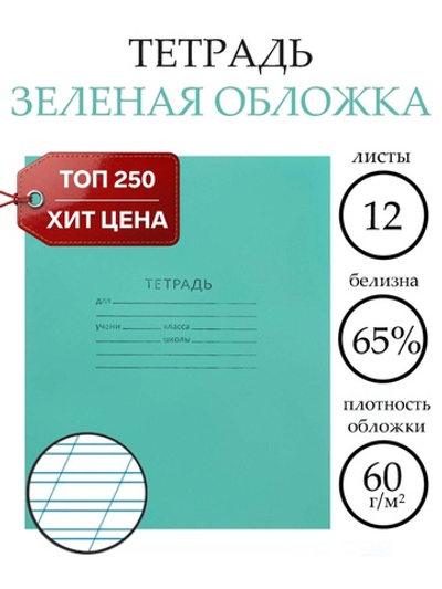 Тетрадь 12 листов в косую линейку «Зелёная обложка»