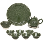 Чайный набор 9 предметов Зеленый (блюдо, чайник, пиала 6шт) Риштанская керамика