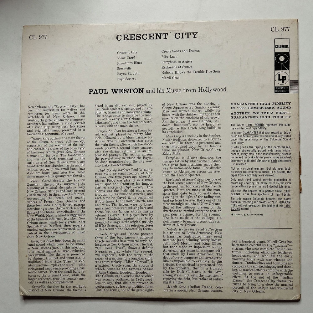 Винтажная виниловая пластинка LP Paul Weston And His Music From Hollywood Crescent City (The Moods Of New Orleans) (USA 1967)