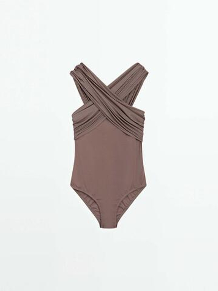 Massimo Dutti Купальник бандо со скрещенными бретелями, кротово-коричневый