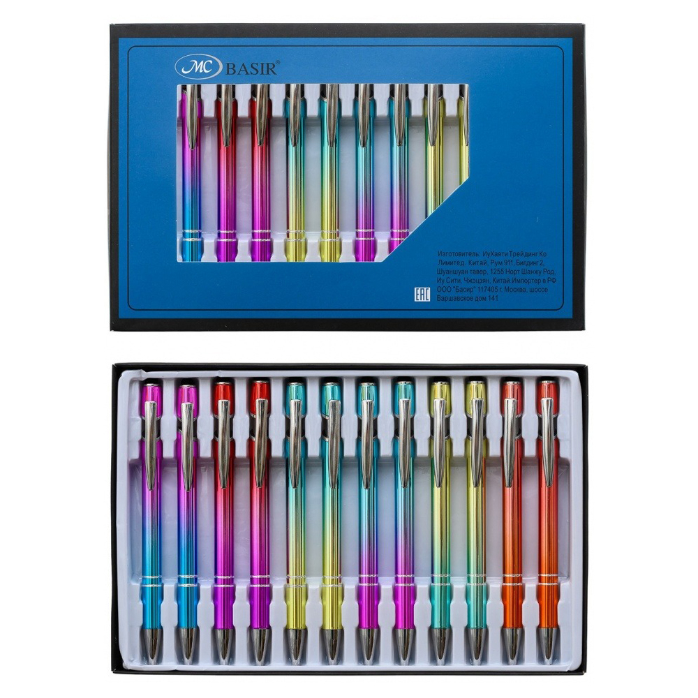 Ручка шариковая, автоматическая, Basir, синие чернила, металлическая, 6 цветов корпуса, 12 шт