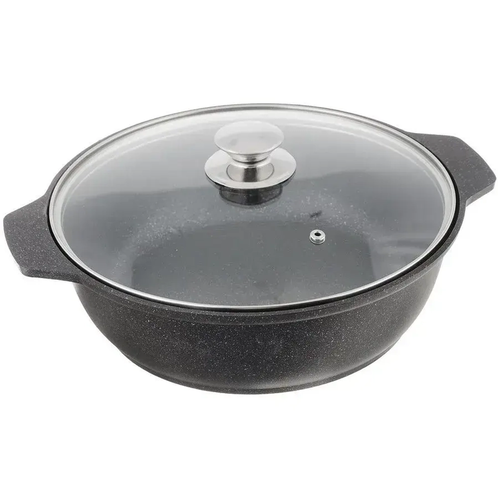 Кастрюля-жаровня антипригарная литая 3,0л со стеклянной крышкой Темный мрамор