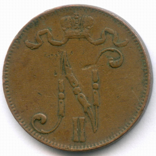 5 пенни 1907 год. Россия для Финляндии (Вензель Николая II). F-VF