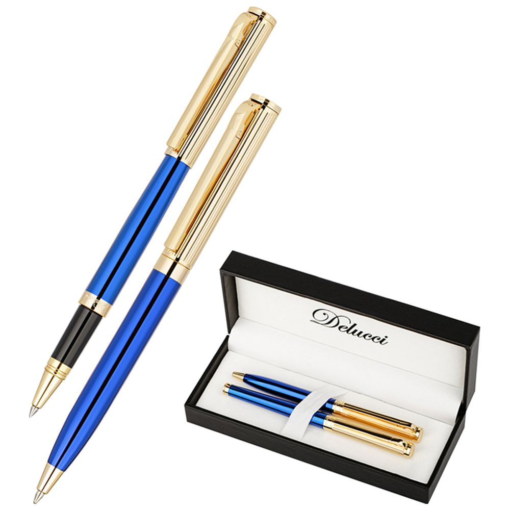 Набор Delucci &quot;Azzurro&quot;: ручка шарик., 1мм и ручка-роллер, 0,6мм, синие, корпус син/зол., подарочная упаковка