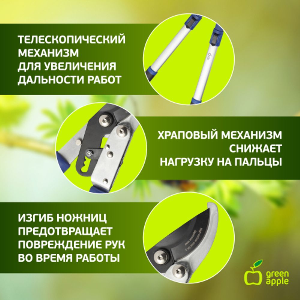 GTBL12-007 GREEN APPLE Сучкорез телескопический (+30 см) с храповым механизмом, плоскостной | GREEN APPLE