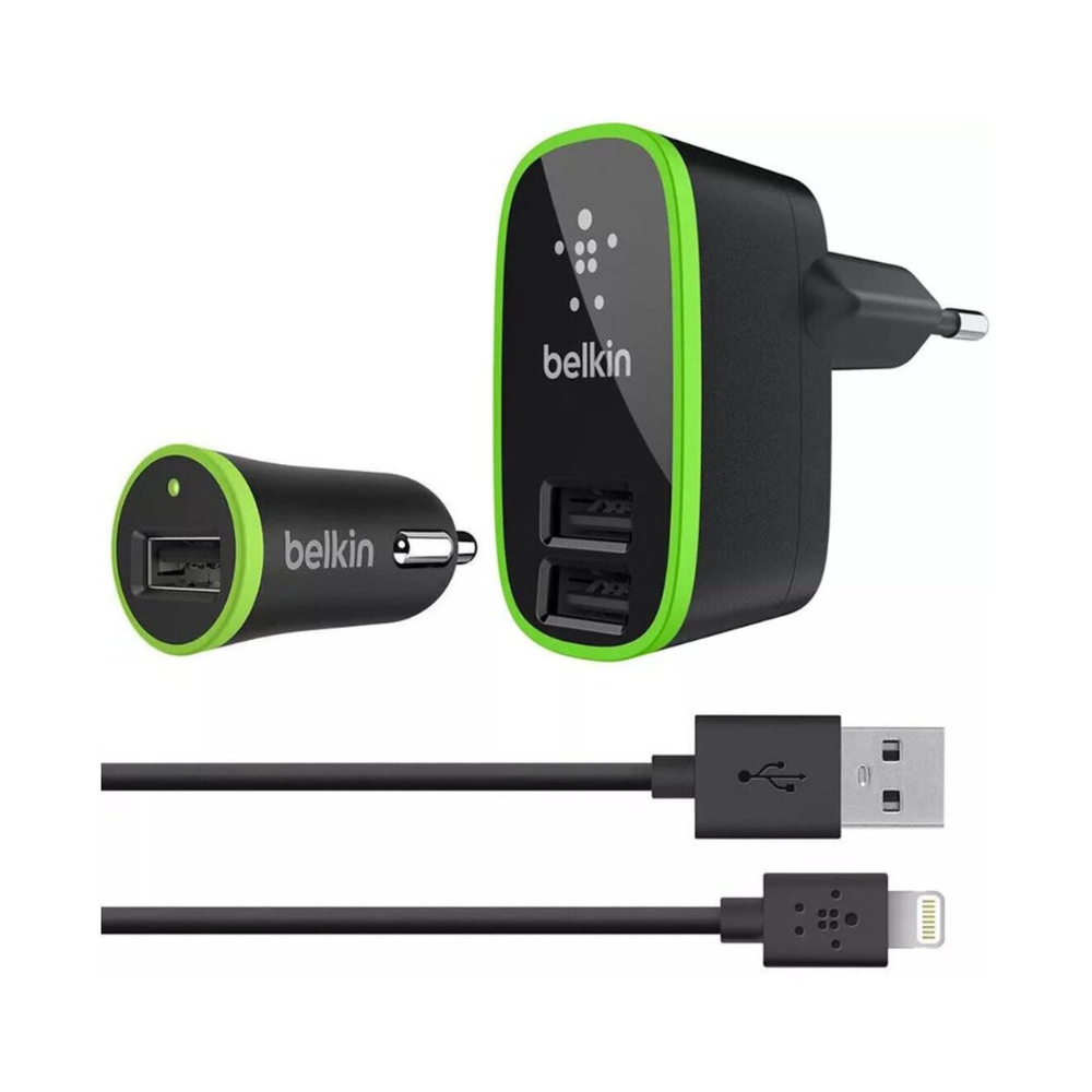 Сетевое зарядное устройство Belkin 1xUSB, 10W, 2.1A + автомобильное зарядное устройство Belkin 2xUSB, 20W, 2.1A + USB кабель Lightning, 1.2м, черный