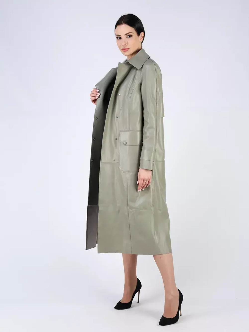 Кожаный тренч длинный с поясом плащ