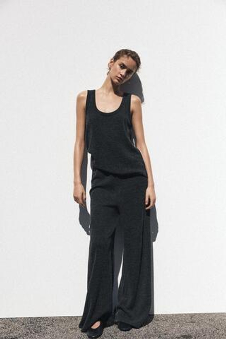ZARA ШИРОКИЕ БРЮКИ В РУБЧИК, СЕРЫЙ С МЕЛАНЖЕВЫМ ЭФФЕКТОМ