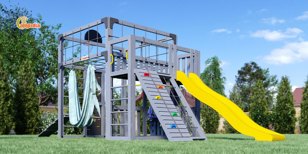 Детская площадка Савушка КУБ-3 (серый) с гамаком для йоги
