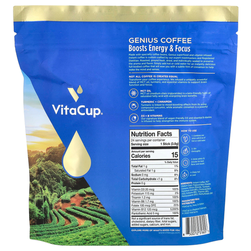 VitaCup, Genius, растворимый кофе в стиках, средней обжарки, 24 порции, по 3,8 г (0,13 унции)