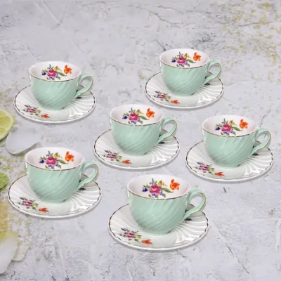 Кофейный набор 12 предметов «Цветочная фантазия» (6кружек 90мл+6блюдец), мятный
