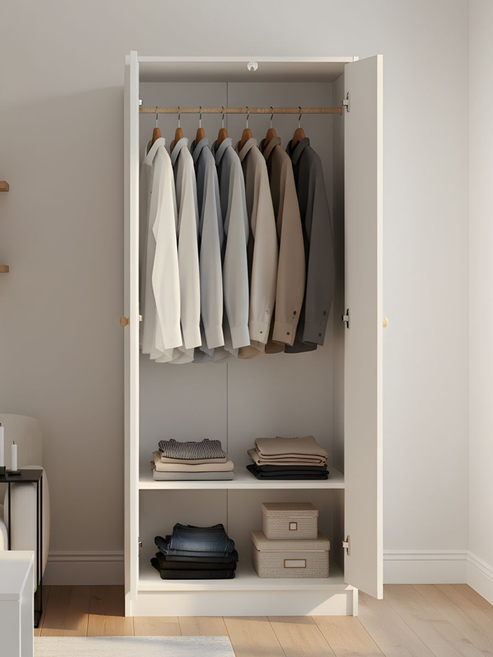 Шкаф 80х55х170, Марм, распашной для одежды, детский, двухдверный, с деревянной штангой, массив сосны, белый, Dipriz