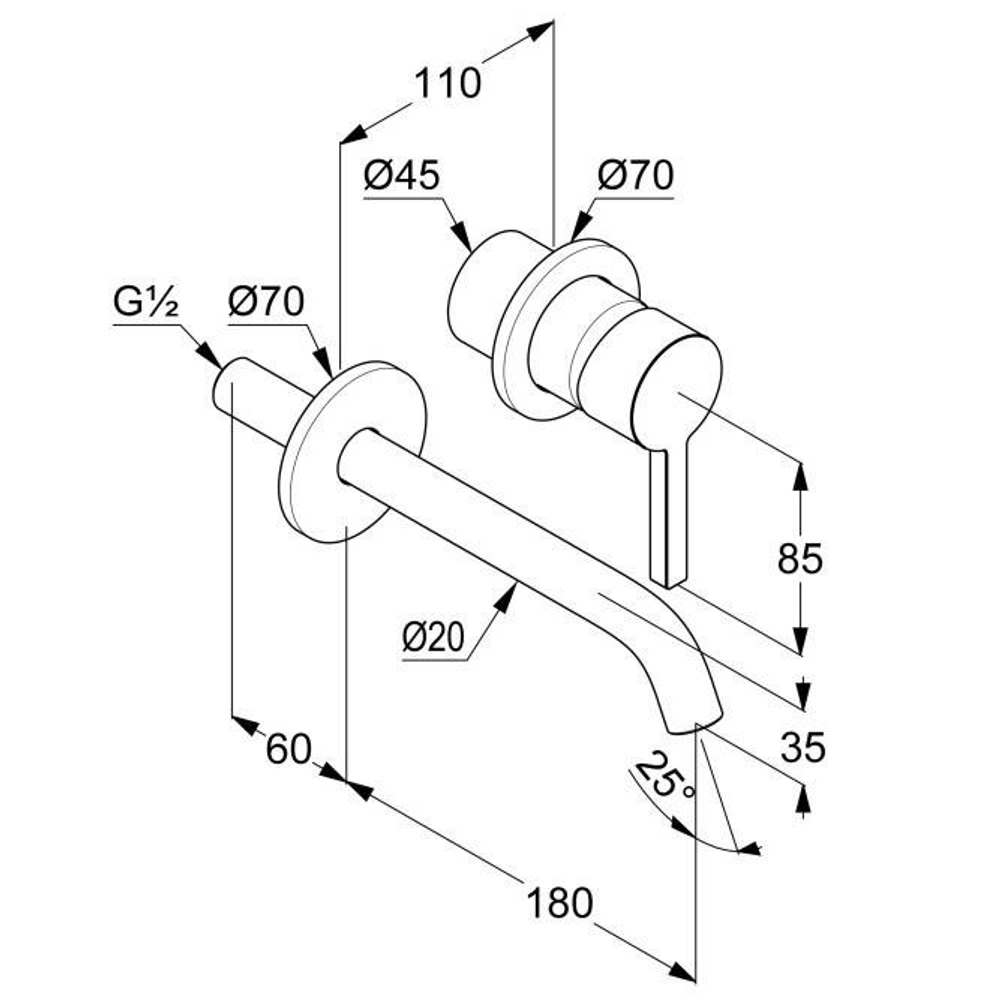 Смеситель для раковины Kludi NOVA FONTE Pura настенный, однорычажный, внешняя часть, излив 190 мм, хром (202440515)