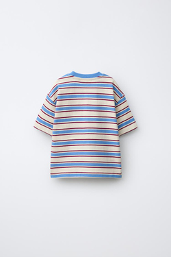 ZARA ФУТБОЛКА В ПОЛОСКУ С ВЫШИТЫМ ЛОГОТИПОМ, ЭКРЮ/СИНИЙ