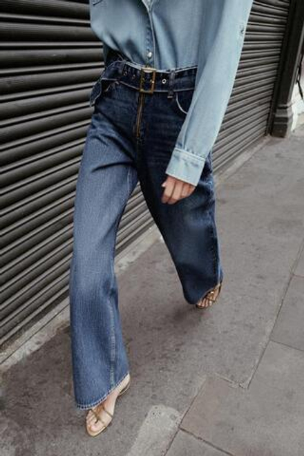 ZARA ДЖИНСЫ WIDE-LEG СО СРЕДНЕЙ ПОСАДКОЙ И ПОЯСОМ, ВЫЦВЕТШИЙ СИНИЙ