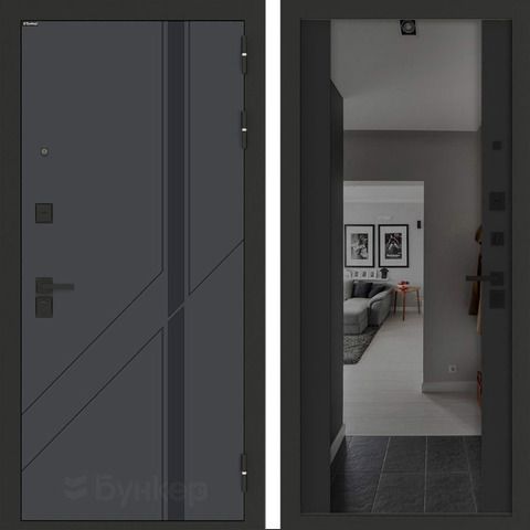 Входная металлическая дверь с зеркалом Бункер B-12 Веллюто верде / зеркало тонированное Макси ФЛЗ - 1 Кварц черный