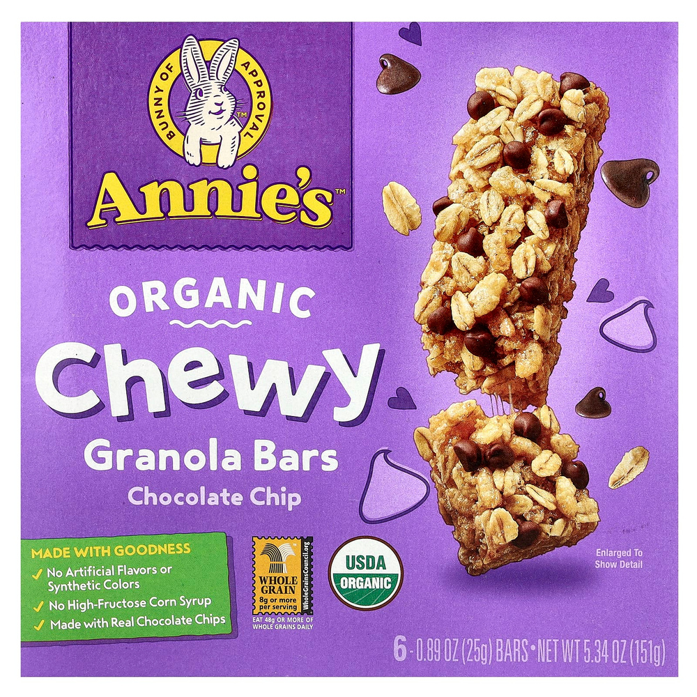 Annie's Homegrown, Органические жевательные батончики из гранолы, шоколадная крошка, 6 батончиков, 25 г (0,89 унции)