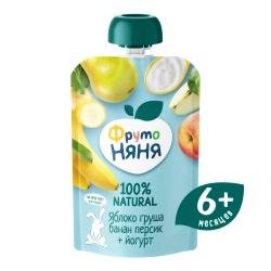 Фрутоняня пауч пюре из яблок,бананов, груш и персиков с йогуртом 90г с 6 месяцев