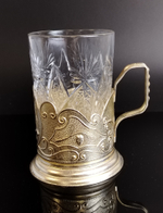 Подстаканник "Бабр с соболем", добыча, алюминиевый с хрустальным стаканом, винтаж 1960-1990 гг