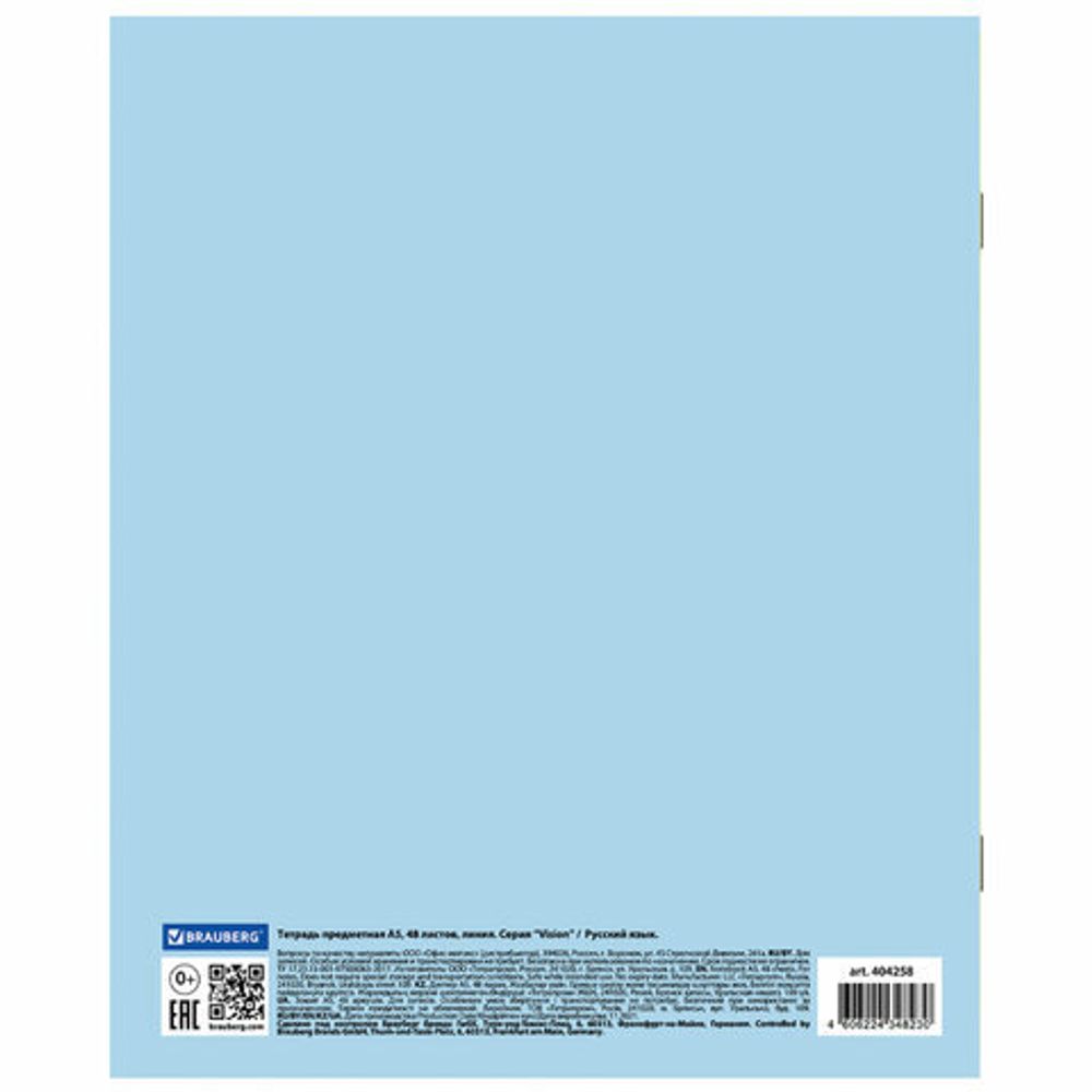 Тетрадь предметная со справочным материалом VISION 48 л., обложка картон, РУССКИЙ ЯЗЫК, линия, BRAUBERG, 404258